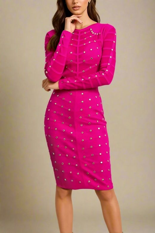 Woman wearing a figure flattering Rosa Long Sleeve Bodycon Dress - Neon Purple BODYCON COLLECTION