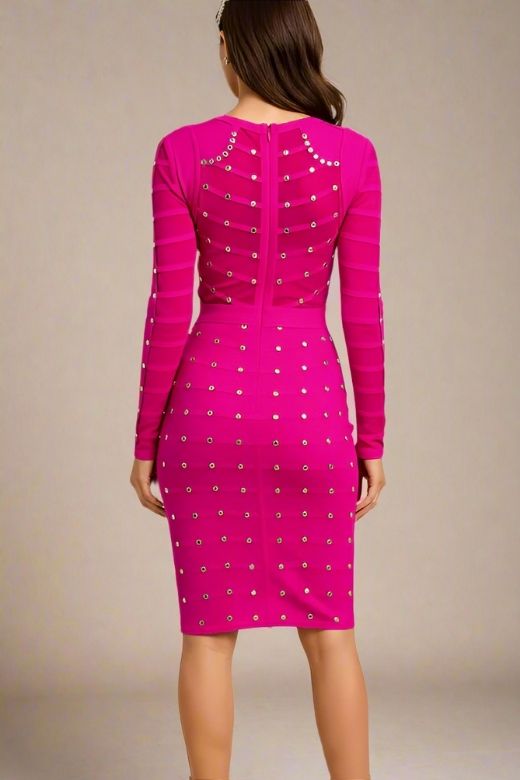 Woman wearing a figure flattering Rosa Long Sleeve Bodycon Dress - Neon Purple BODYCON COLLECTION