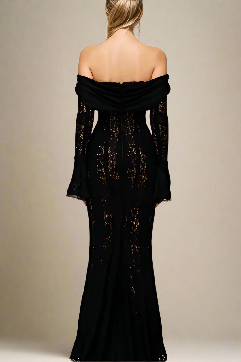 Woman wearing a figure flattering Rose Long Sleeve Bodycon Maxi Dress - Classic Black BODYCON COLLECTION