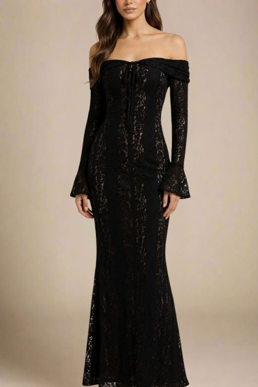 Woman wearing a figure flattering Rose Long Sleeve Bodycon Maxi Dress - Classic Black BODYCON COLLECTION