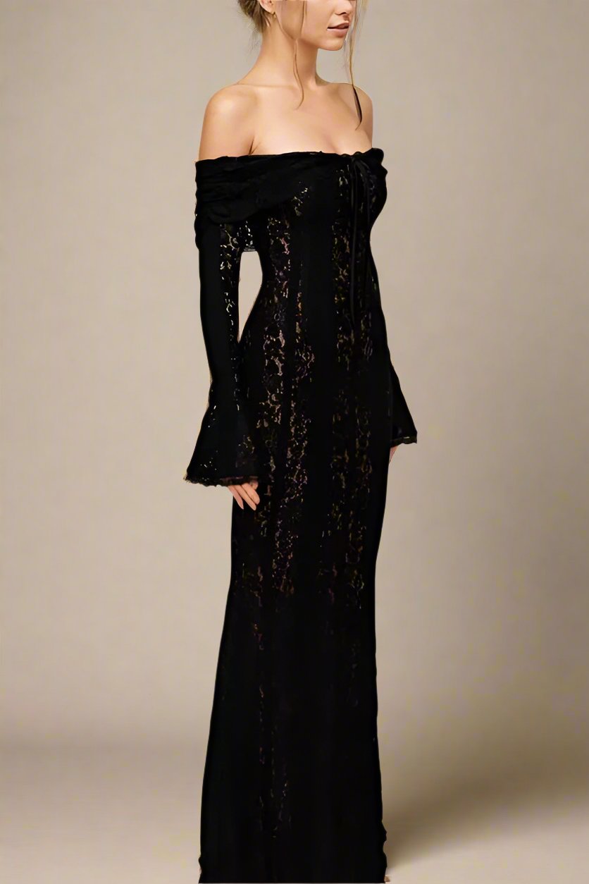 Woman wearing a figure flattering Rose Long Sleeve Bodycon Maxi Dress - Classic Black BODYCON COLLECTION