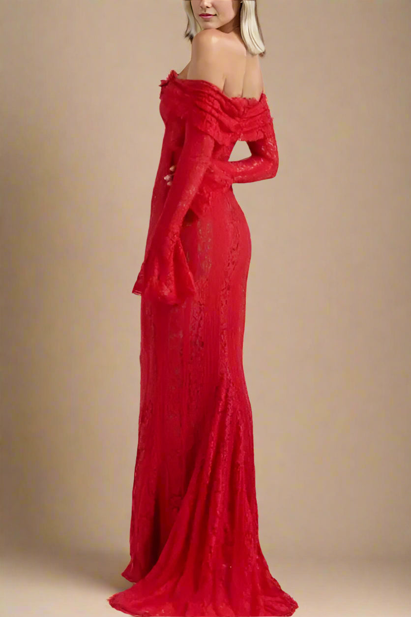 Woman wearing a figure flattering Rose Long Sleeve Bodycon Maxi Dress - Lipstick Red BODYCON COLLECTION