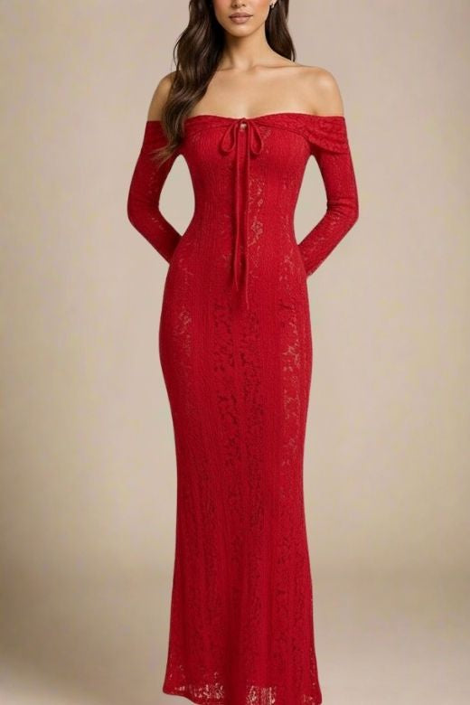 Woman wearing a figure flattering Rose Long Sleeve Bodycon Maxi Dress - Lipstick Red BODYCON COLLECTION