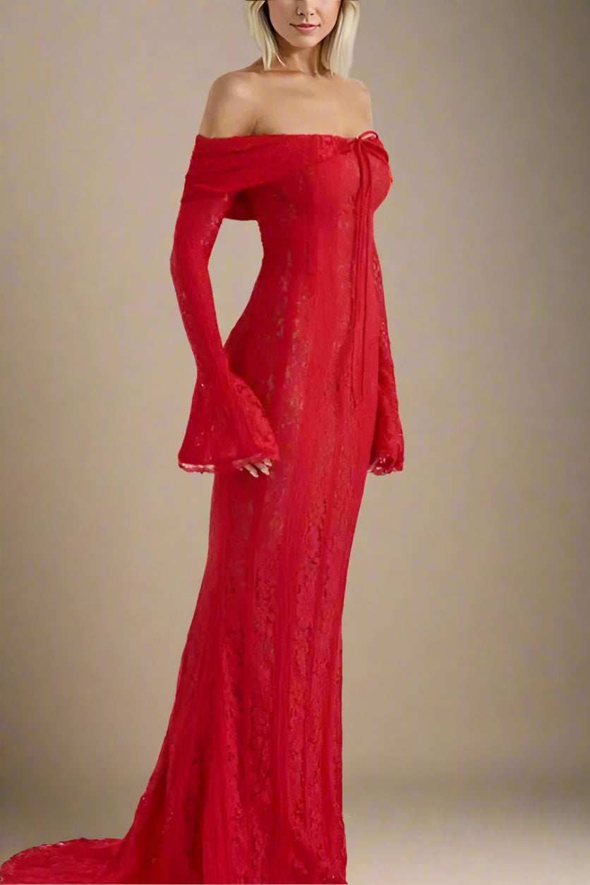 Woman wearing a figure flattering Rose Long Sleeve Bodycon Maxi Dress - Lipstick Red BODYCON COLLECTION