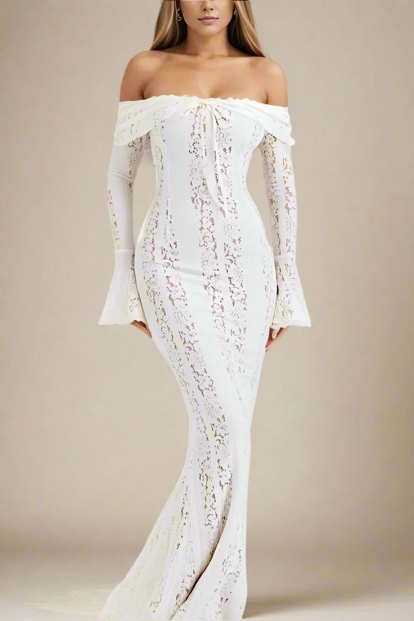 Woman wearing a figure flattering Rose Long Sleeve Bodycon Maxi Dress - Pearl White BODYCON COLLECTION