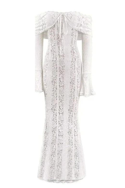 Woman wearing a figure flattering Rose Long Sleeve Bodycon Maxi Dress - Pearl White BODYCON COLLECTION