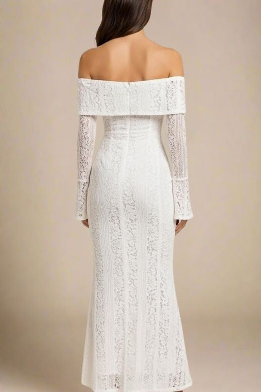 Woman wearing a figure flattering Rose Long Sleeve Bodycon Maxi Dress - Pearl White BODYCON COLLECTION