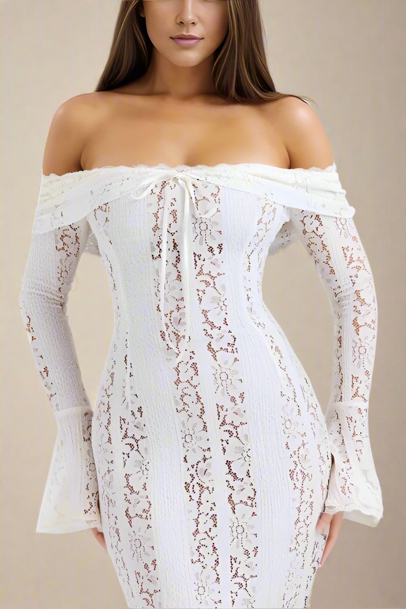 Woman wearing a figure flattering Rose Long Sleeve Bodycon Maxi Dress - Pearl White BODYCON COLLECTION