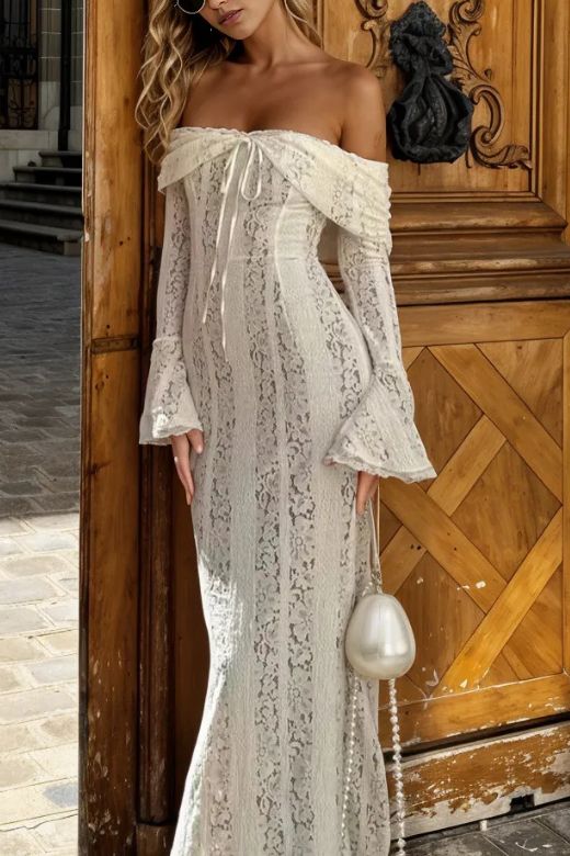 Woman wearing a figure flattering Rose Long Sleeve Bodycon Maxi Dress - Pearl White BODYCON COLLECTION