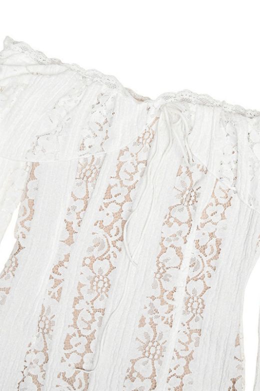 Woman wearing a figure flattering Rose Long Sleeve Bodycon Mini Dress - Pearl White BODYCON COLLECTION