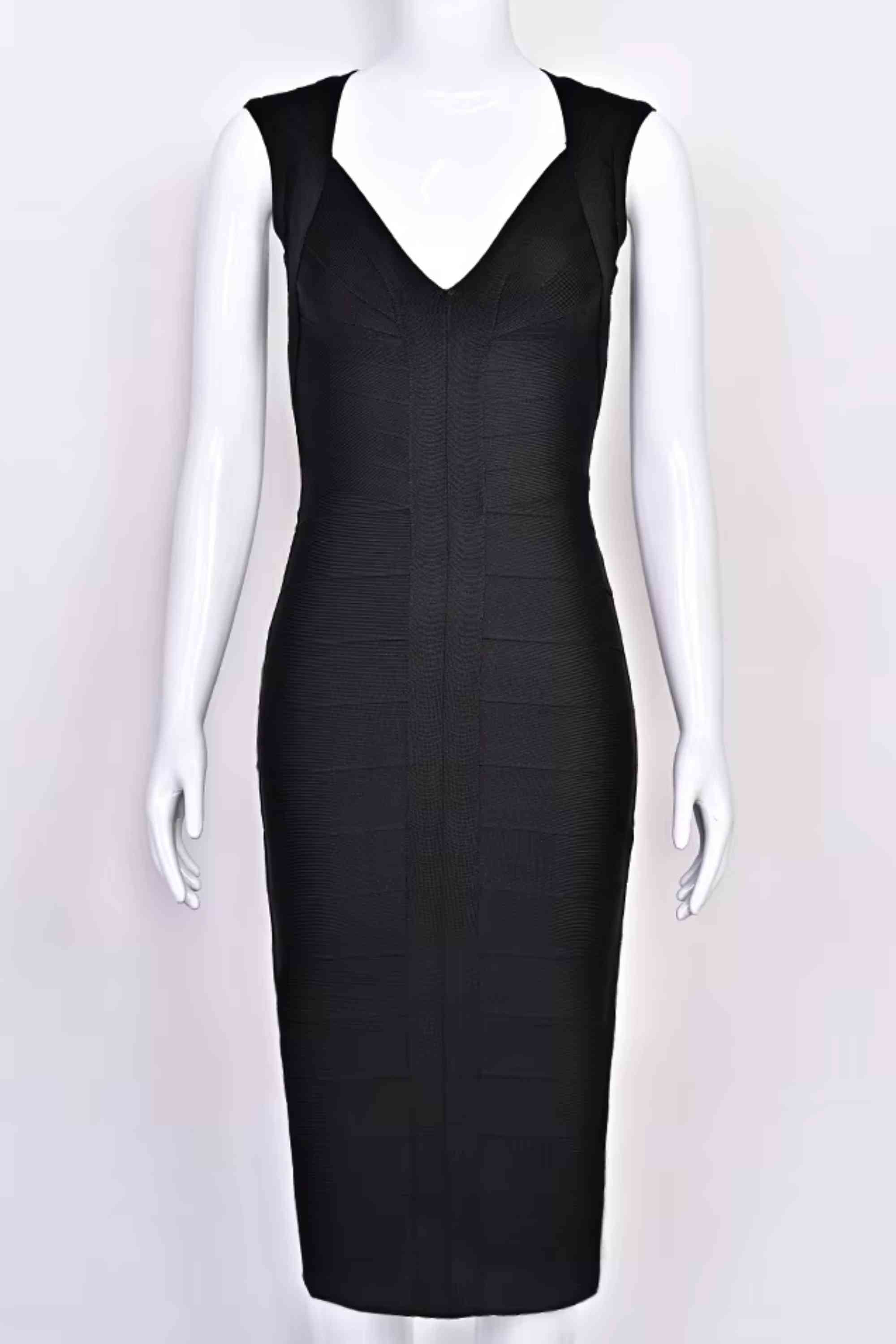 Woman wearing a figure flattering Sabrina Bandage Midi Dress - Classic Black BODYCON COLLECTION Pty Ltd