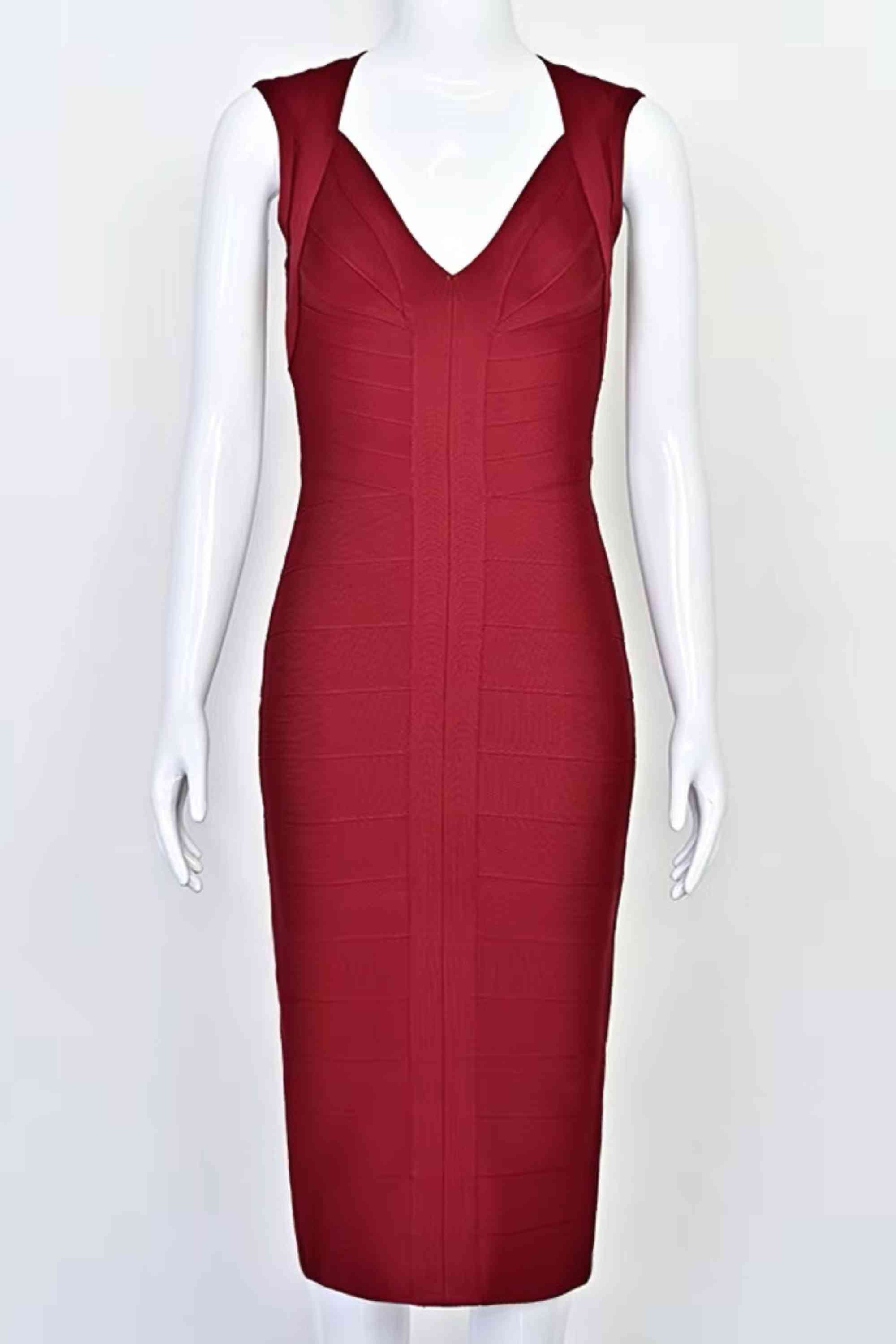 Woman wearing a figure flattering Sabrina Bandage Midi Dress - Red Wine BODYCON COLLECTION Pty Ltd