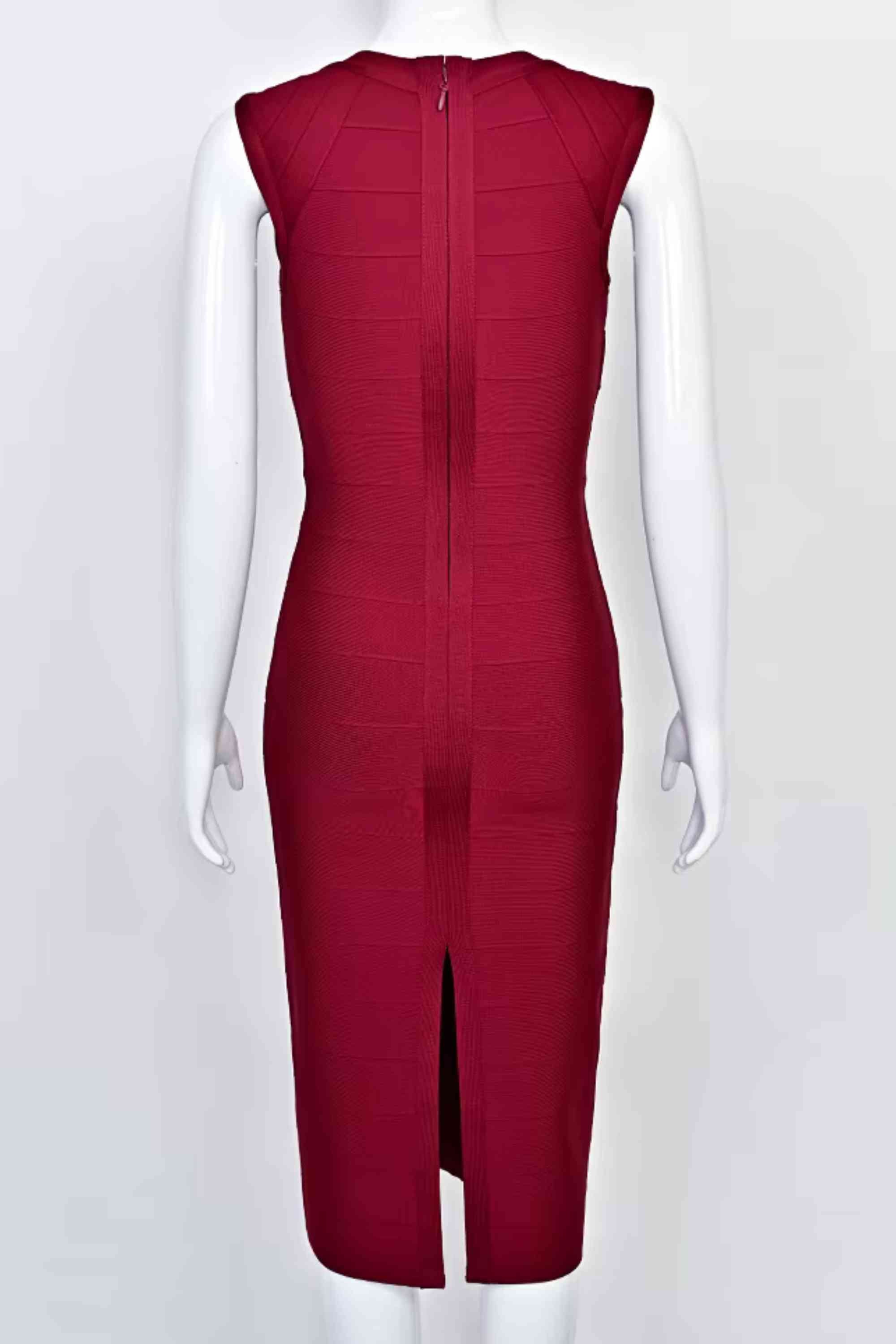 Woman wearing a figure flattering Sabrina Bandage Midi Dress - Red Wine BODYCON COLLECTION Pty Ltd