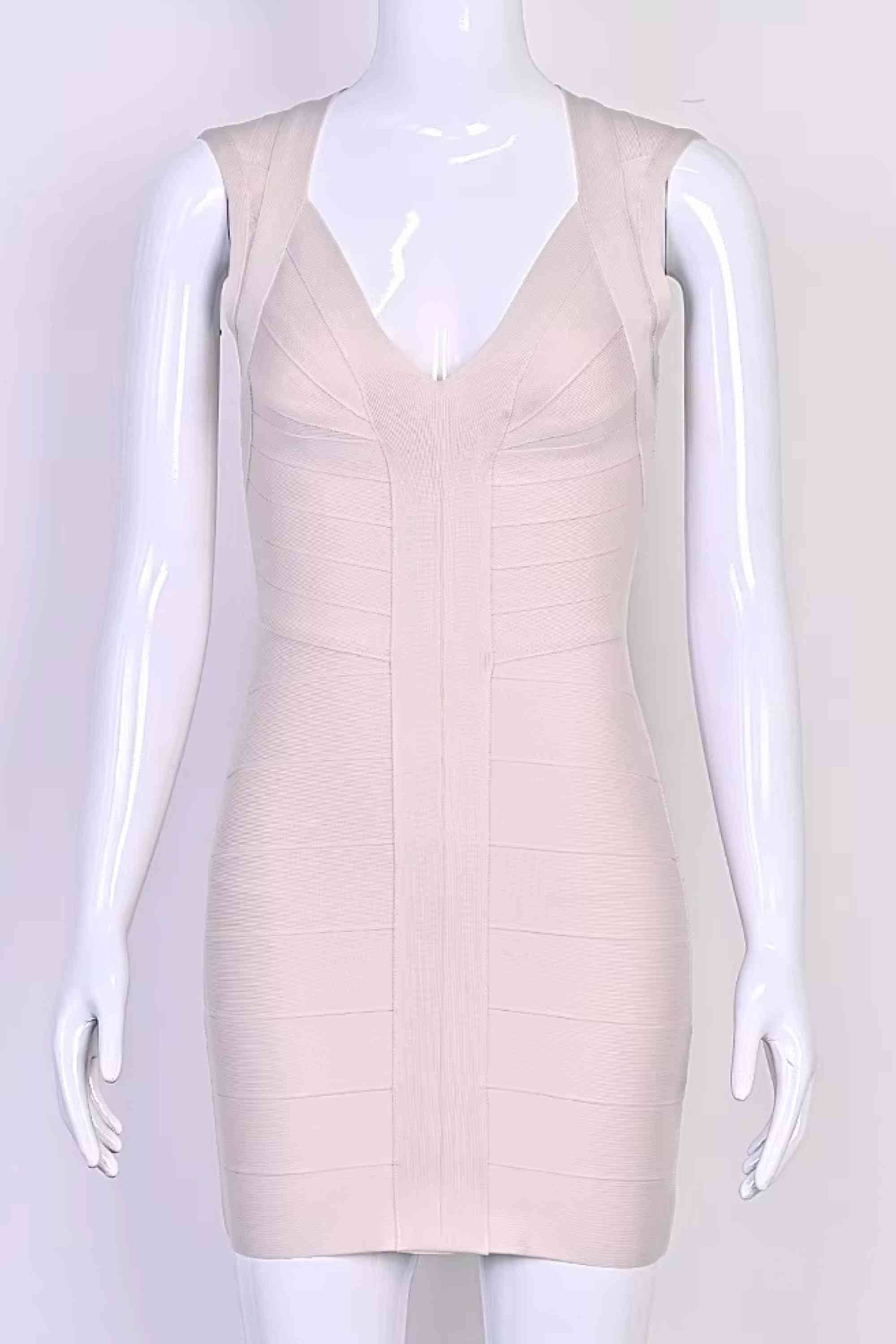 Woman wearing a figure flattering Sabrina Bandage Mini Dress - Beige BODYCON COLLECTION Pty Ltd