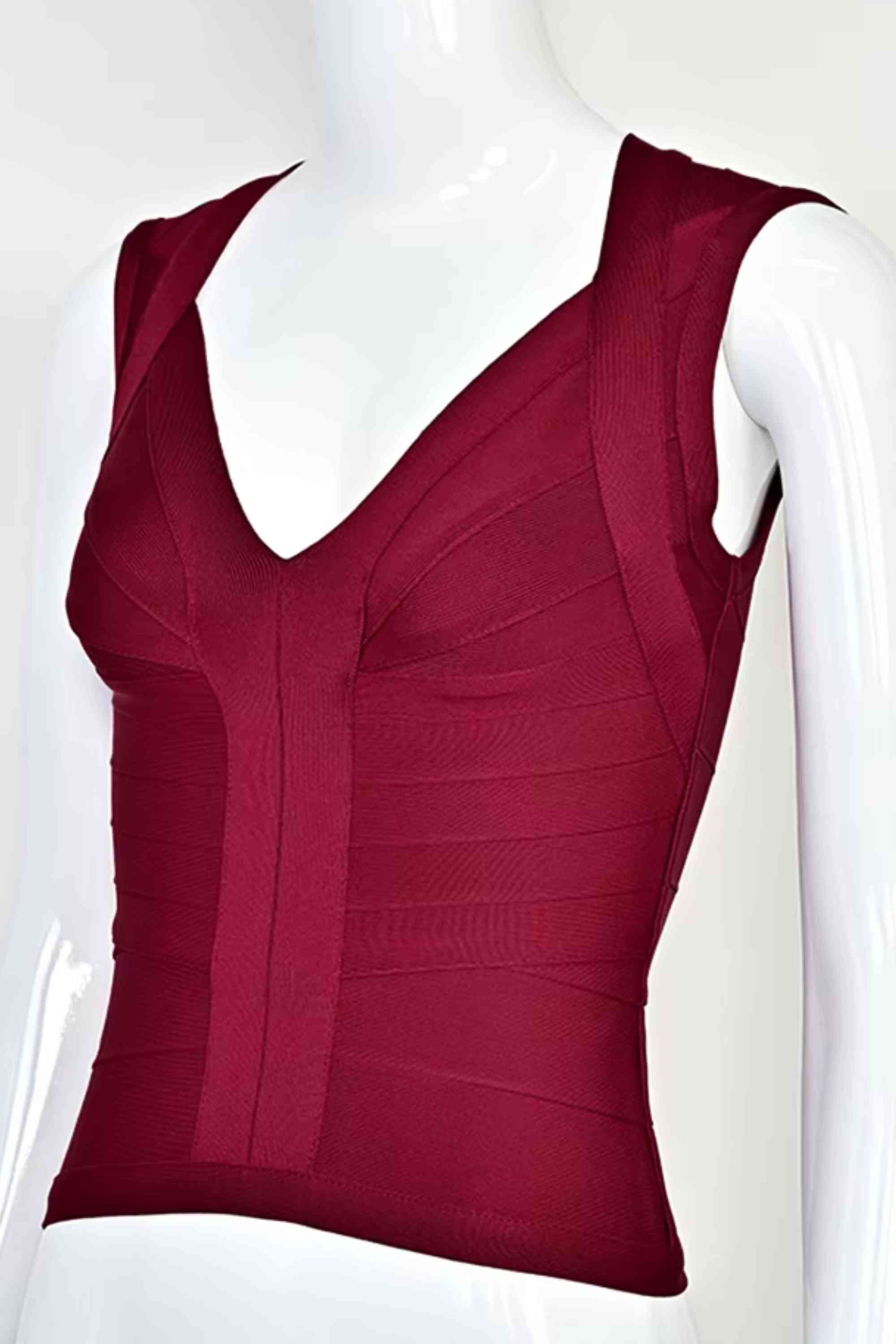 Woman wearing a figure flattering Sabrina Bandage Top - Red Wine BODYCON COLLECTION Pty Ltd