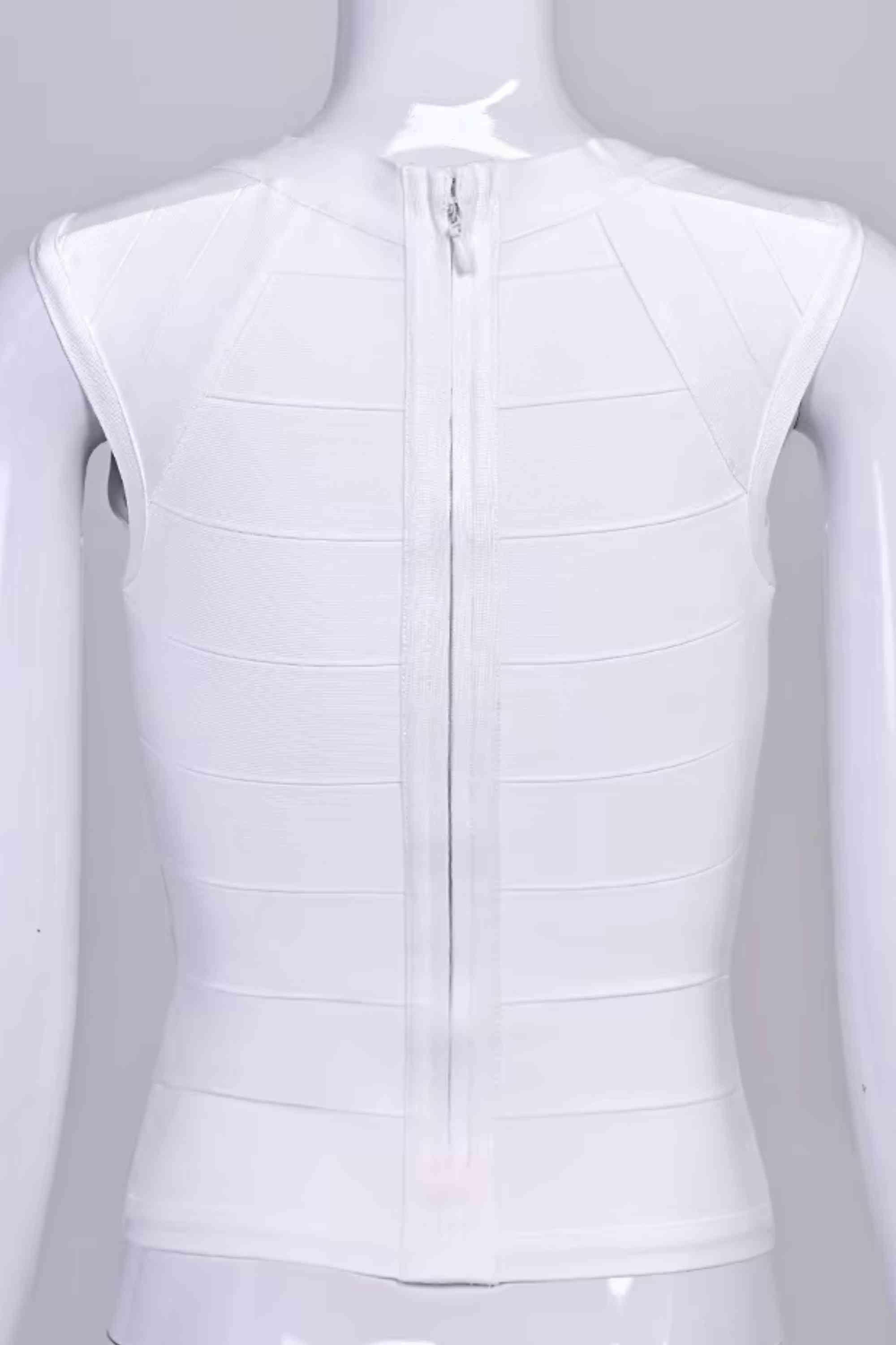 Woman wearing a figure flattering Sabrina Bandage Top - White Pearl BODYCON COLLECTION Pty Ltd