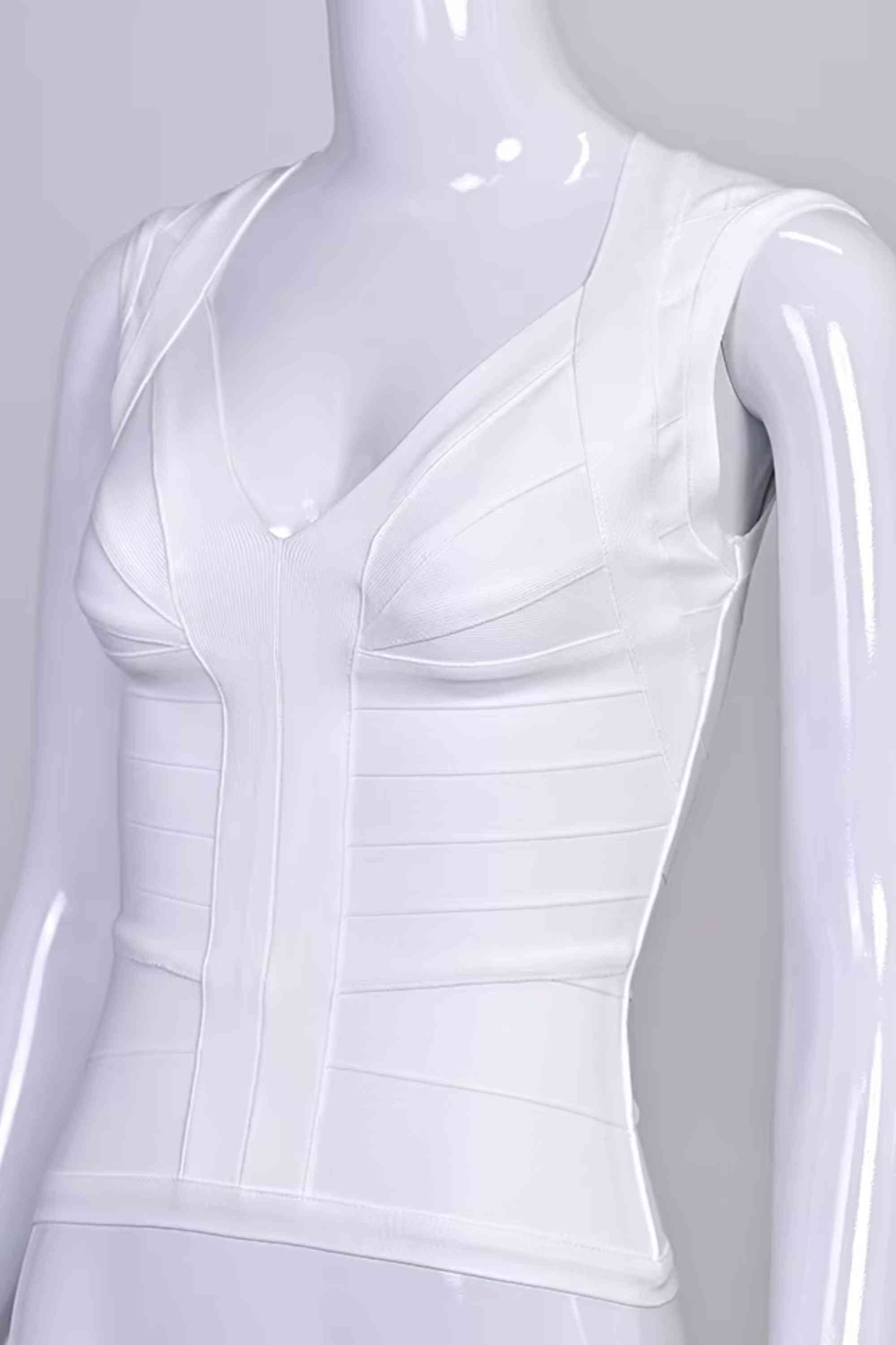 Woman wearing a figure flattering Sabrina Bandage Top - White Pearl BODYCON COLLECTION Pty Ltd
