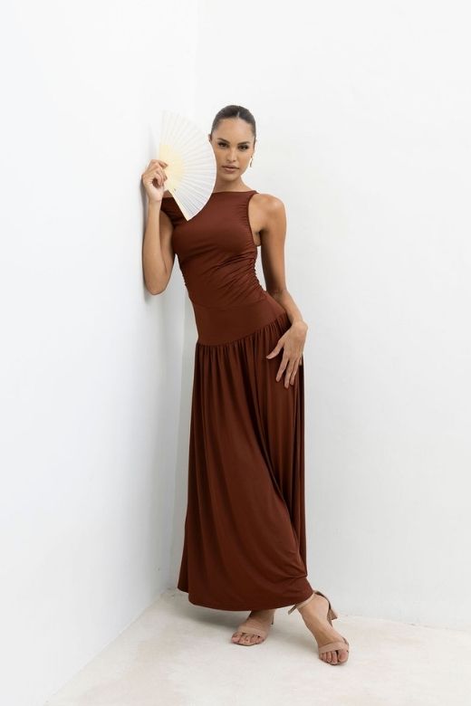 Woman wearing a figure flattering Saint Bodycon Wrap Maxi Dress - Chilli Red BODYCON COLLECTION Pty Ltd