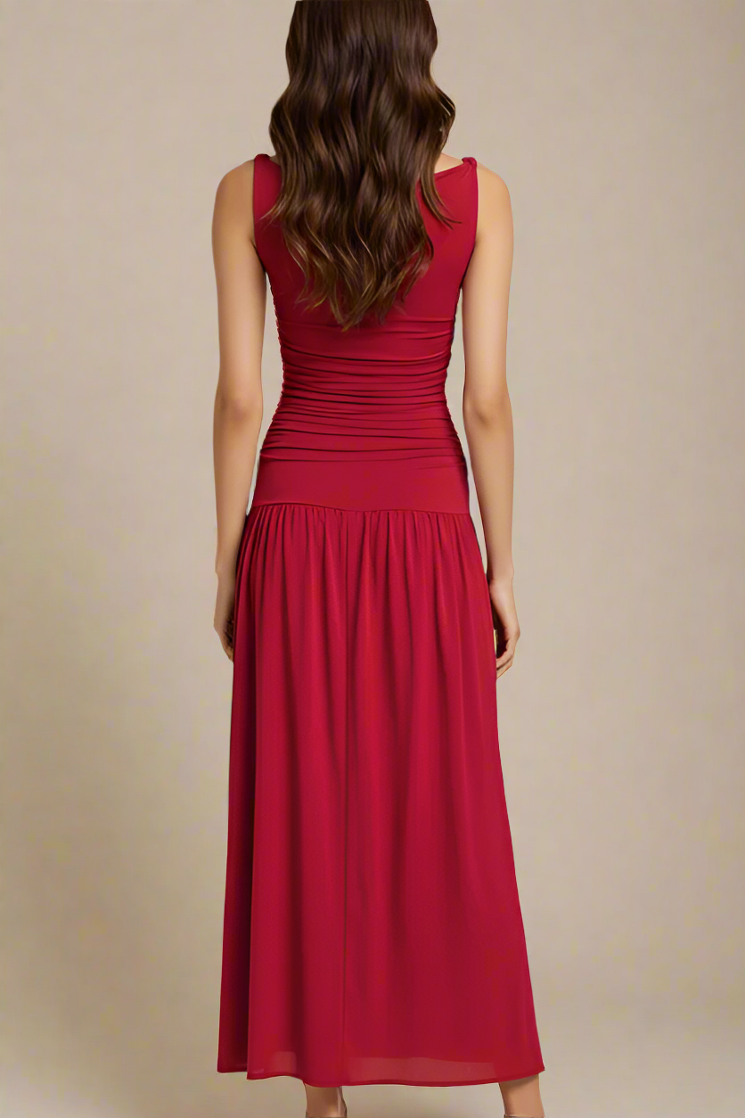 Woman wearing a figure flattering Saint Bodycon Wrap Maxi Dress - Chilli Red BODYCON COLLECTION Pty Ltd
