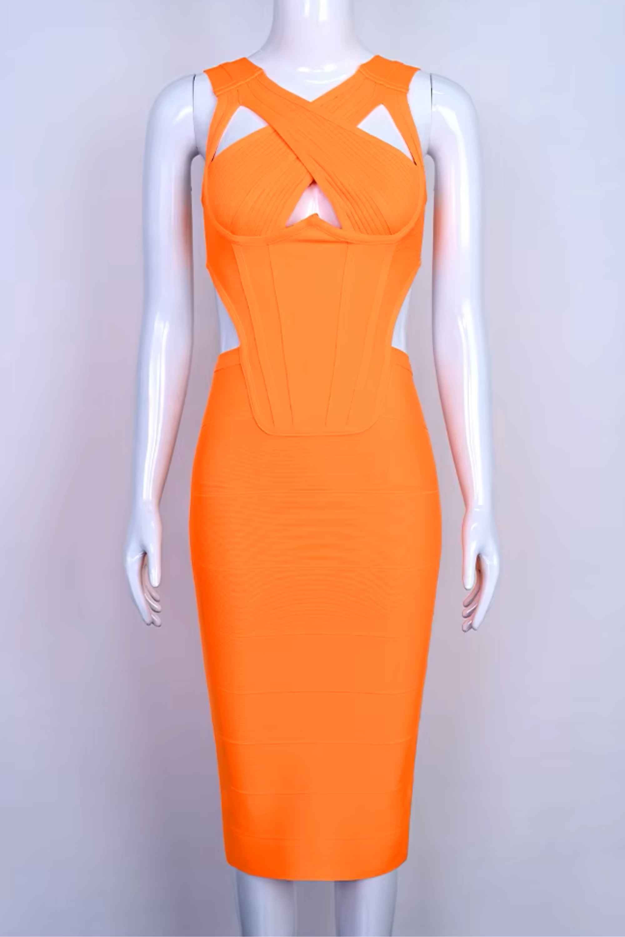 Woman wearing a figure flattering Sasha Bandage Midi Dress - Apricot Orange BODYCON COLLECTION