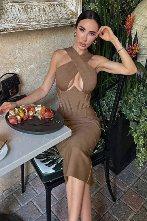 Woman wearing a figure flattering Sasha Bandage Midi Dress - Tan BODYCON COLLECTION