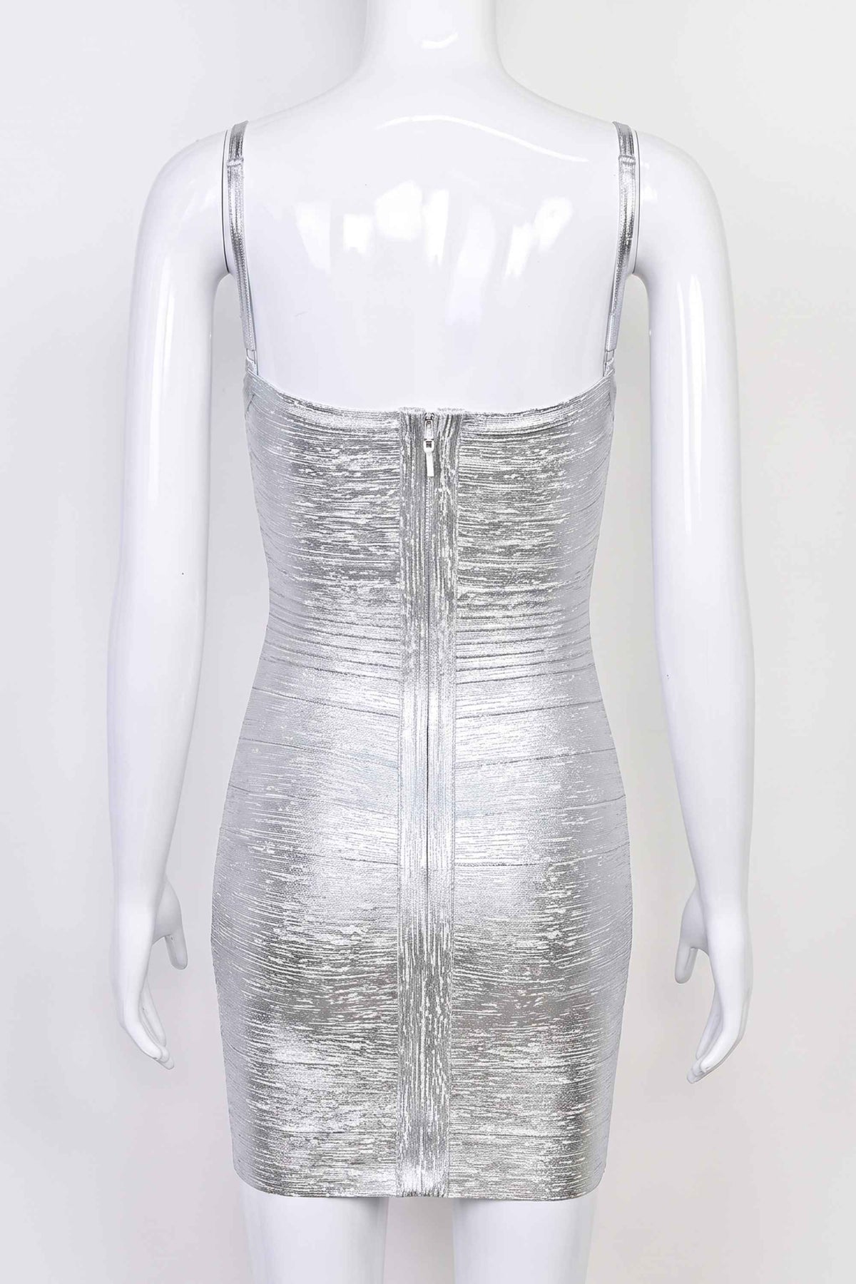 Woman wearing a figure flattering Scarlett Bandage Mini Dress - Silver BODYCON COLLECTION Pty Ltd