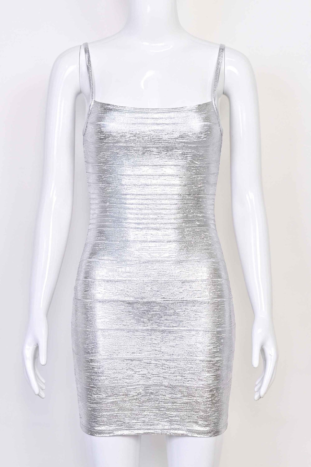 Woman wearing a figure flattering Scarlett Bandage Mini Dress - Silver BODYCON COLLECTION Pty Ltd