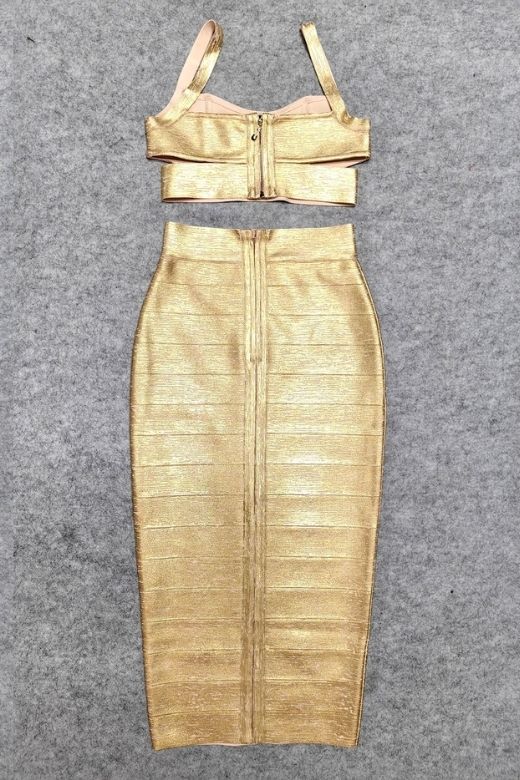 Woman wearing a figure flattering Selene Bandage Crop Top and Midi Skirt Set - Gold BODYCON COLLECTION Pty Ltd