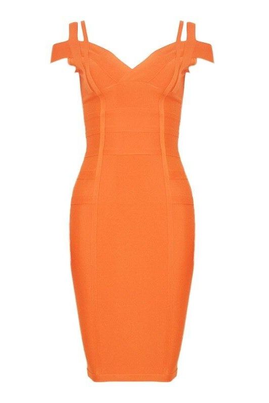 Woman wearing a figure flattering Sia Bandage Dress - Apricot Orange Bodycon Collection