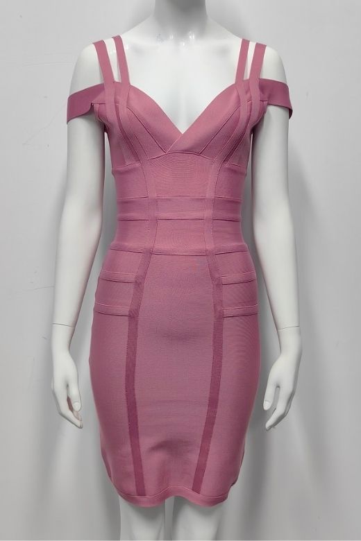 Woman wearing a figure flattering Sia Bandage Dress - Ballet Pink Bodycon Collection