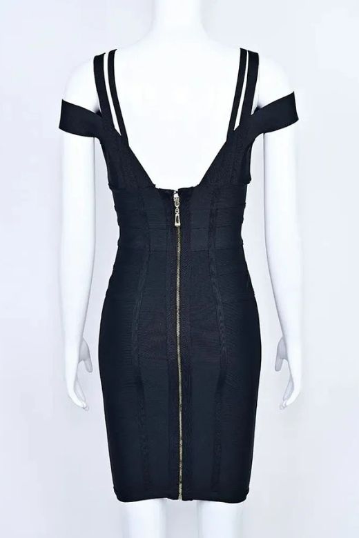 Woman wearing a figure flattering Sia Bandage Dress - Classic Black Bodycon Collection