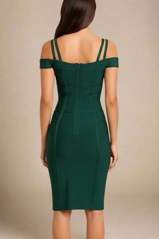 Woman wearing a figure flattering Sia Bandage Dress - Emerald Green Bodycon Collection