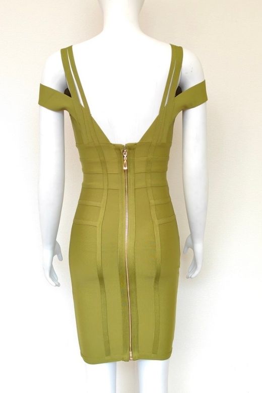 Woman wearing a figure flattering Sia Bandage Dress - Olive Green Bodycon Collection