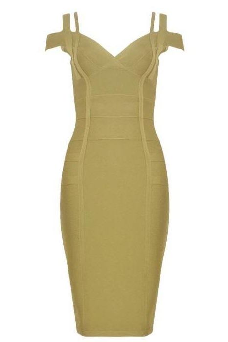 Woman wearing a figure flattering Sia Bandage Dress - Olive Green Bodycon Collection