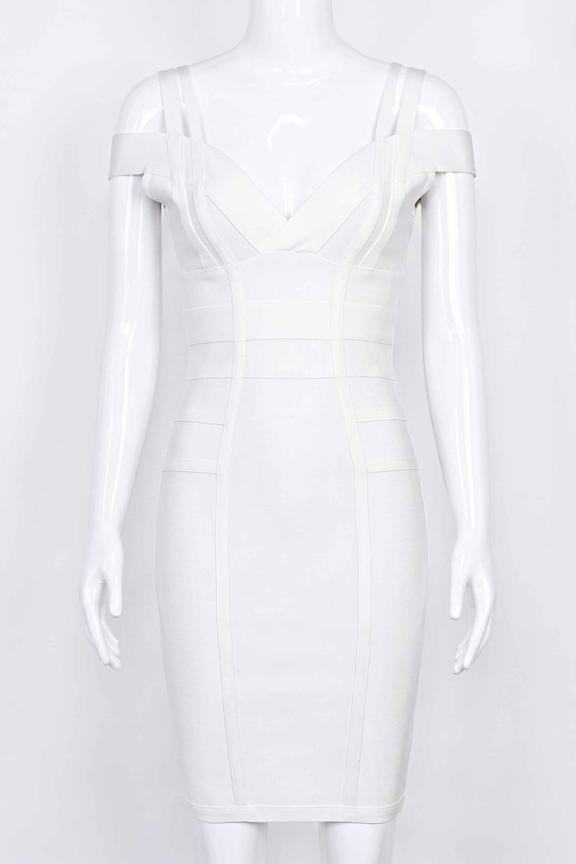Woman wearing a figure flattering Sia Bandage Dress - Pearl White Bodycon Collection