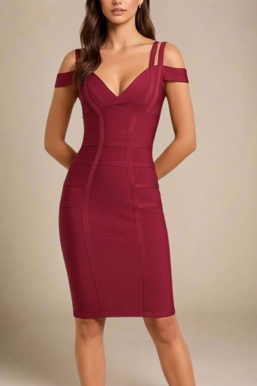 Woman wearing a figure flattering Sia Bandage Dress - Red Wine Bodycon Collection