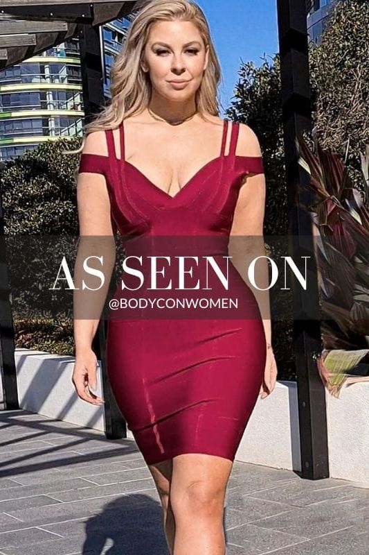 Woman wearing a figure flattering Sia Bandage Dress - Red Wine Bodycon Collection