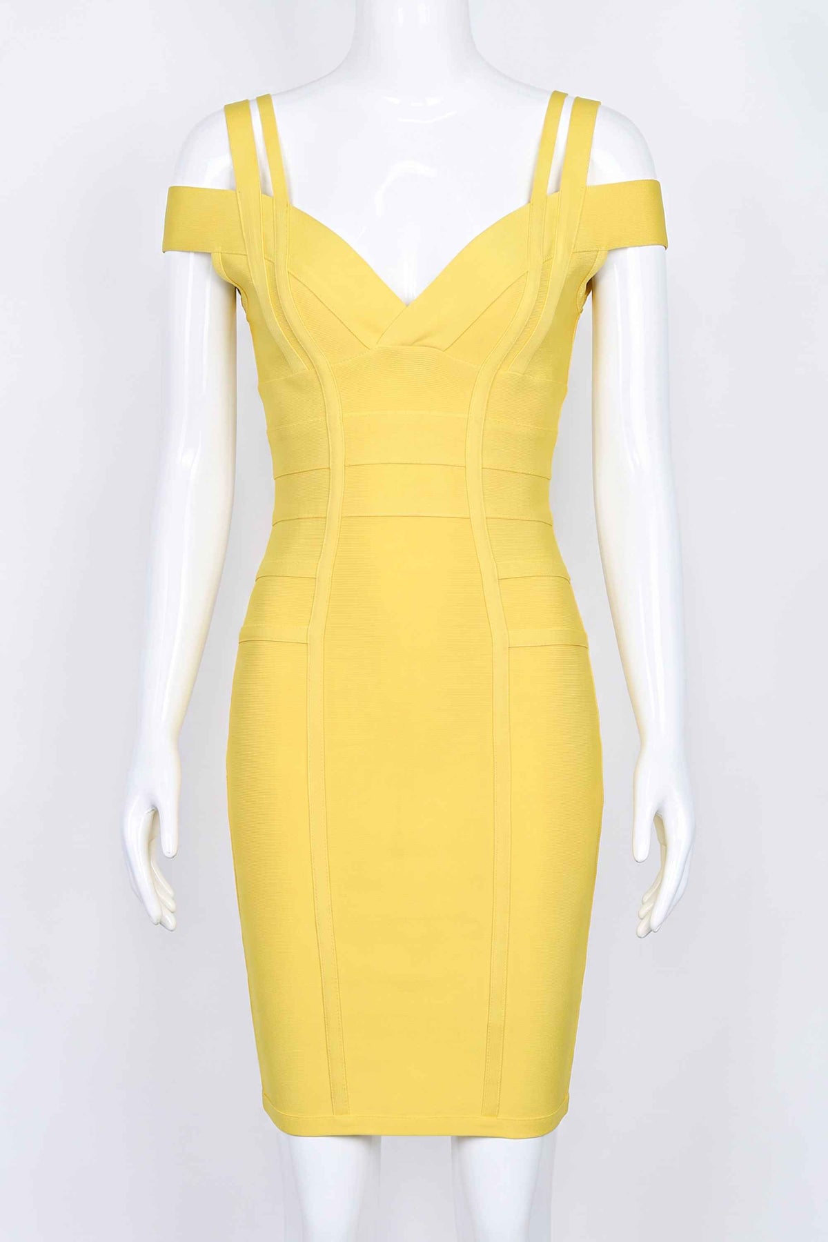 Woman wearing a figure flattering Sia Bandage Dress - Sun Yellow Bodycon Collection