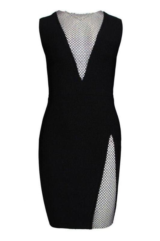 Woman wearing a figure flattering Sofie Bodycon Mini Dress - Classic Black BODYCON COLLECTION
