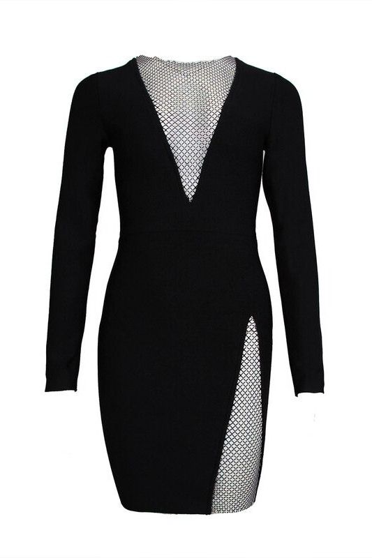 Woman wearing a figure flattering Sofie Long Sleeve Bodycon Mini Dress - Classic Black BODYCON COLLECTION