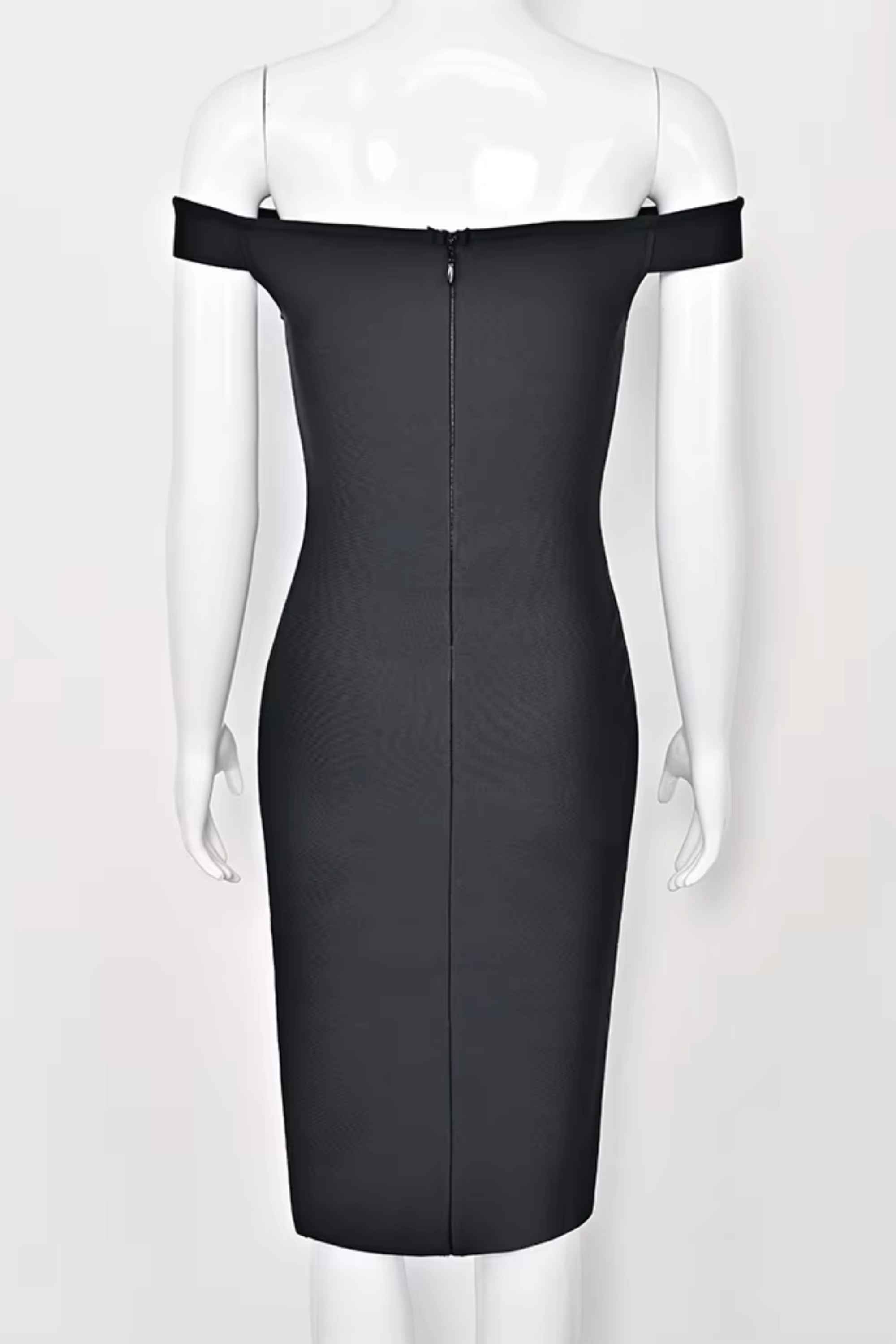 Woman wearing a figure flattering Sofie Off Shoulder Bodycon Dress - Classic Black BODYCON COLLECTION