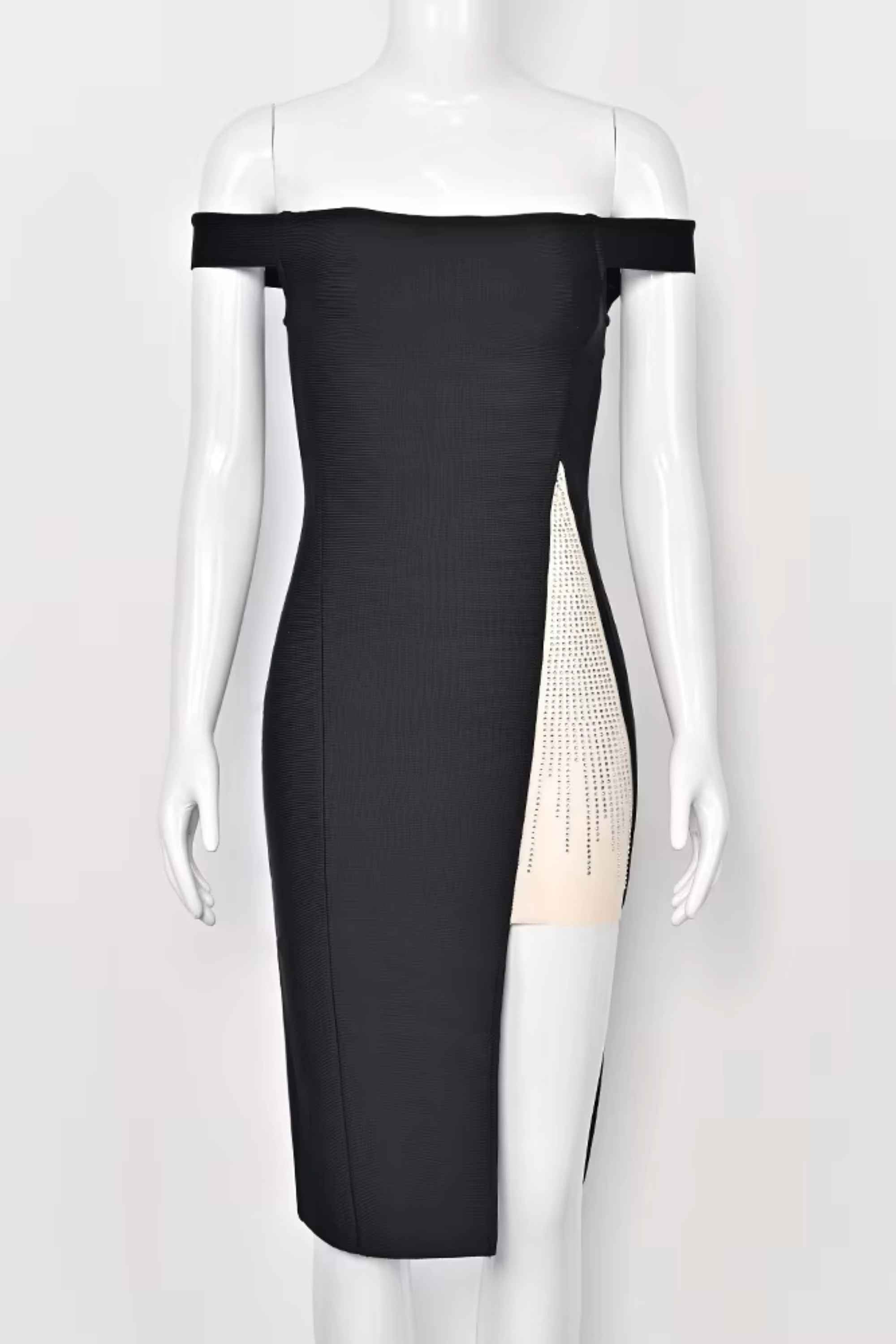Woman wearing a figure flattering Sofie Off Shoulder Bodycon Dress - Classic Black BODYCON COLLECTION