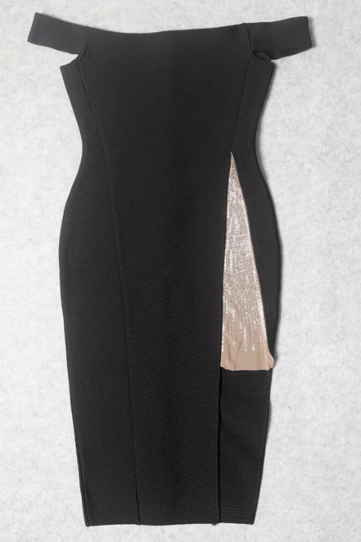 Woman wearing a figure flattering Sofie Off Shoulder Bodycon Dress - Classic Black BODYCON COLLECTION