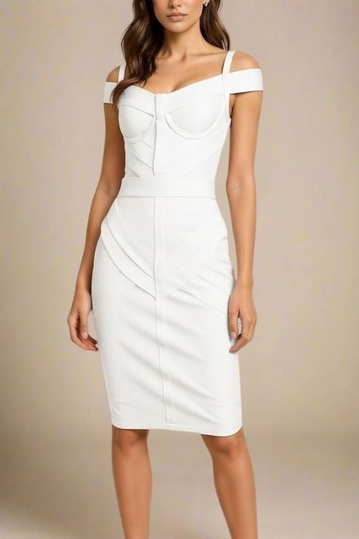 Woman wearing a figure flattering Sophia Bandage Dress - White Pearl Bodycon Collection