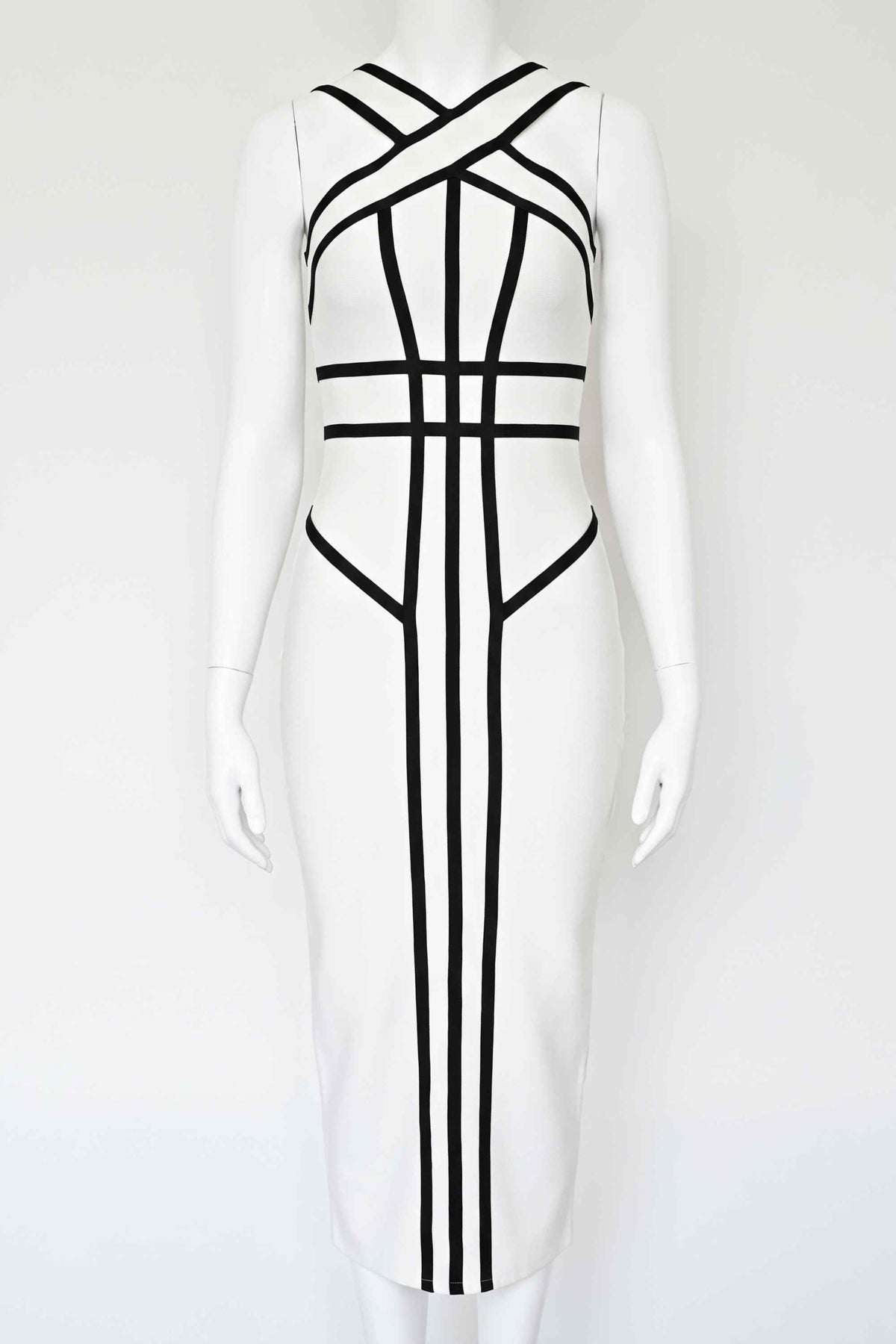 Woman wearing a figure flattering Suki Bandage Midi Dress - White Pearl BODYCON COLLECTION