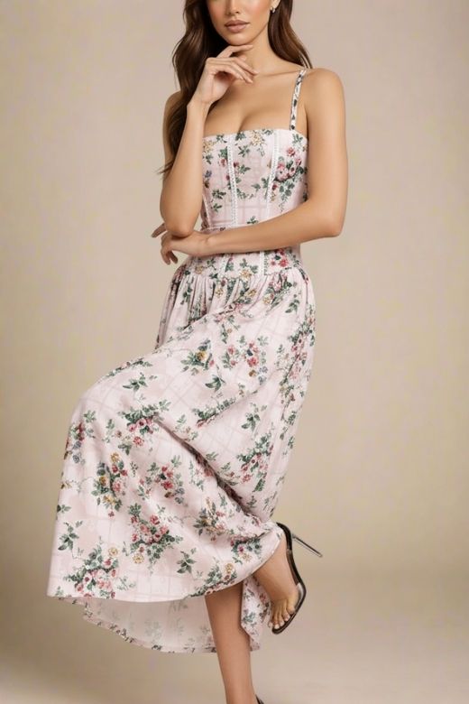 Woman wearing a figure flattering Tasmin Midi Dress - Beige Cream BODYCON COLLECTION