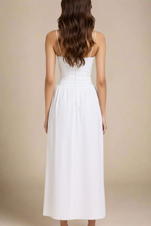 Woman wearing a figure flattering Tasmin Midi Dress - White Pearl BODYCON COLLECTION