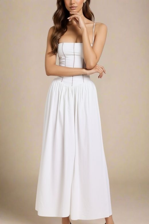 Woman wearing a figure flattering Tasmin Midi Dress - White Pearl BODYCON COLLECTION