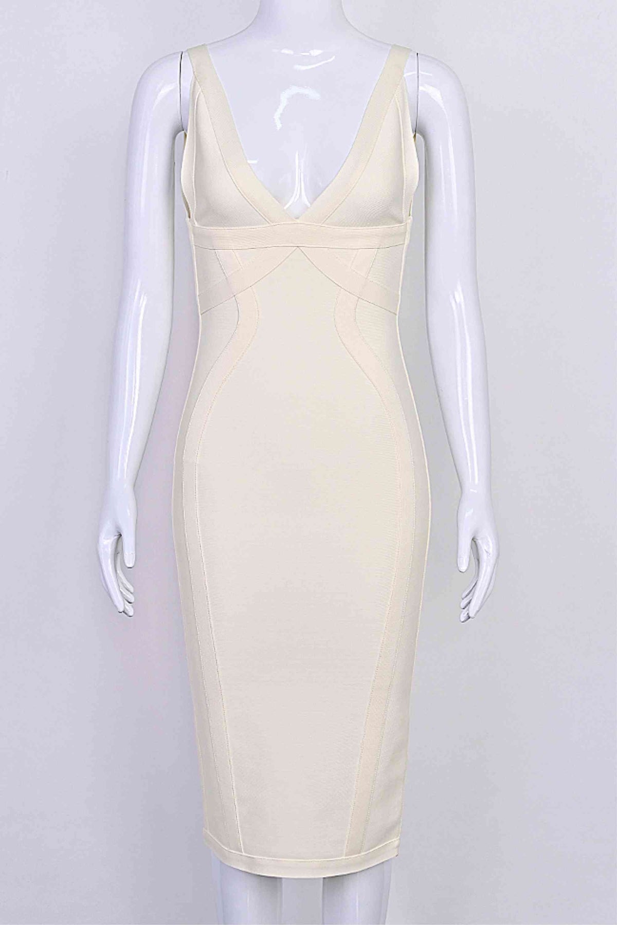 Woman wearing a figure flattering Tyra Bandage Midi Dress - Cream BODYCON COLLECTION Pty Ltd