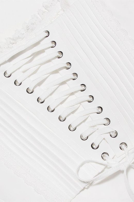 Woman wearing a figure flattering Valerie Corset Crop Top - Tan Brown BODYCON COLLECTION